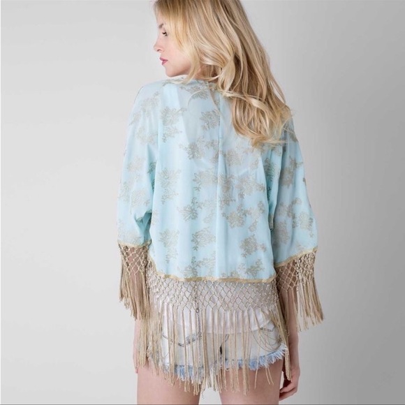 Private Label Kimonos & Yukatas New Light Blue Floral Gold Tassel